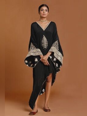 Masaba Gupta Black Asymmetrical Kaftan Dress with Gold Embroidery